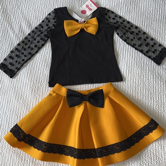 NWT 3T Matching Yellow & Black Adorable Skirt and Shirt Set with Bows and Lace - Picture 4 of 9